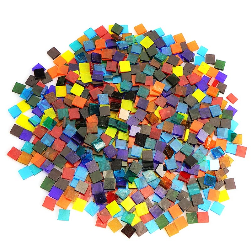 Lanyani Transparent Square Glass Mosaic Tiles Pieces Stained Glass for Crafts, Mixed Colors and Patterns, 500g/1.1lb - Image 1